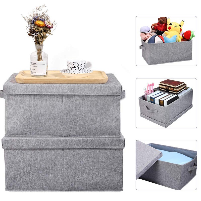 HOONEX Linen Foldable Storage Bins with Lids, 2 Pack, Storage Boxes with Carrying Handles and Sturdy Heavy Cardboard, 16.5" L x 11.8" W x 7.5" H for Shoes, Books, Clothes, Light Grey - Image 2